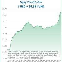 (Interactive) Tỷ giá trung tâm ngày 26/8/2026: 1 USD = 25.611 VND