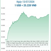 (Interactive) Tỷ giá trung tâm ngày 13/7/2026: 1 USD = 25.220 VND