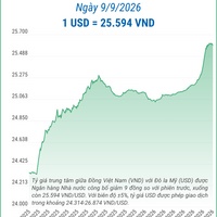(Interactive) Tỷ giá trung tâm ngày 9/9/2026: 1 USD = 25.594 VND