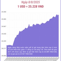 (Interactive) Tỷ giá trung tâm ngày 8/8/2025: 1 USD = 25.228 VND
