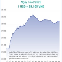 (Interactive) Tỷ giá trung tâm ngày 10/4/2026: 1 USD = 25.105 VND